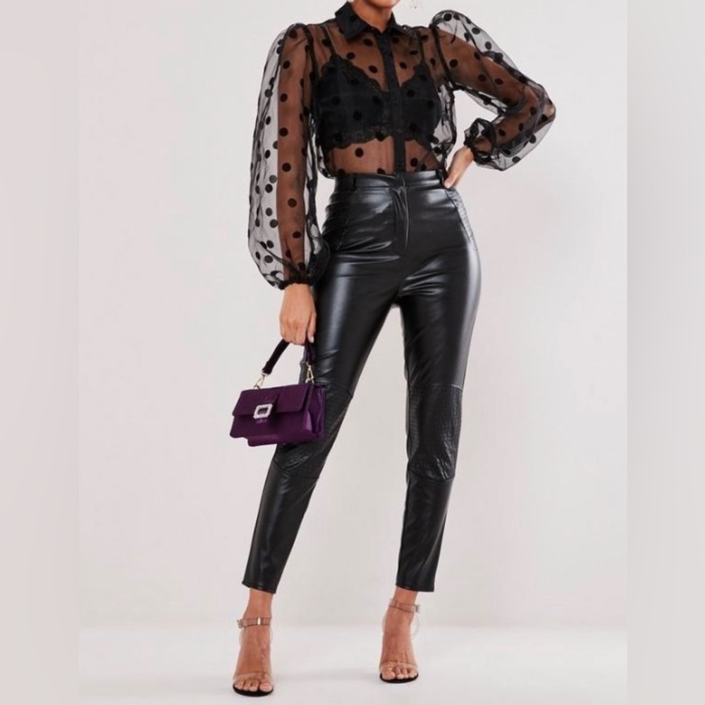 Black faux leather biker style trousers